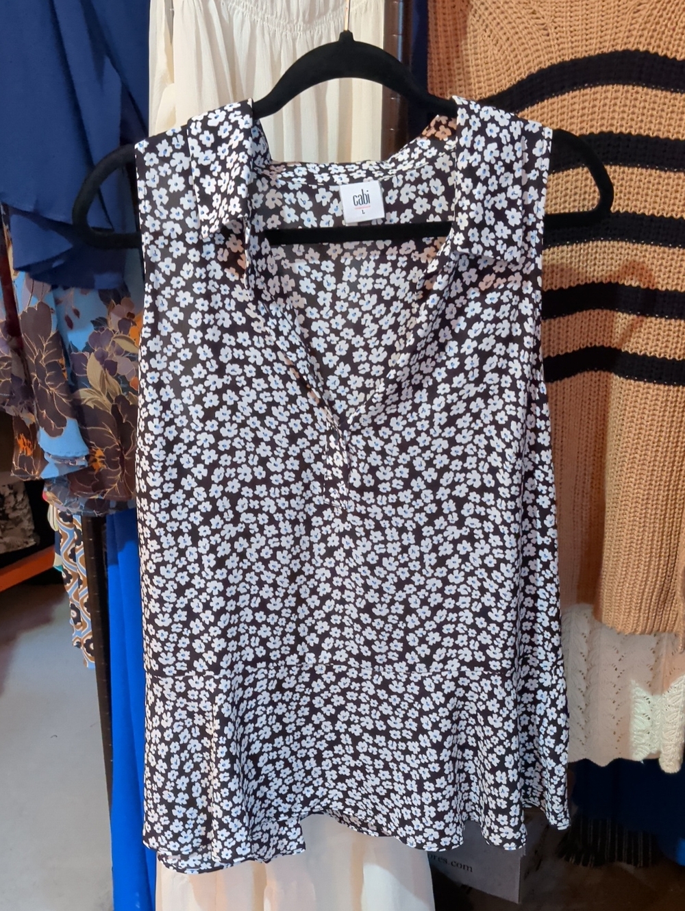 CAbi Black Sleeveless V-Neck Camisole with White Daisy Print